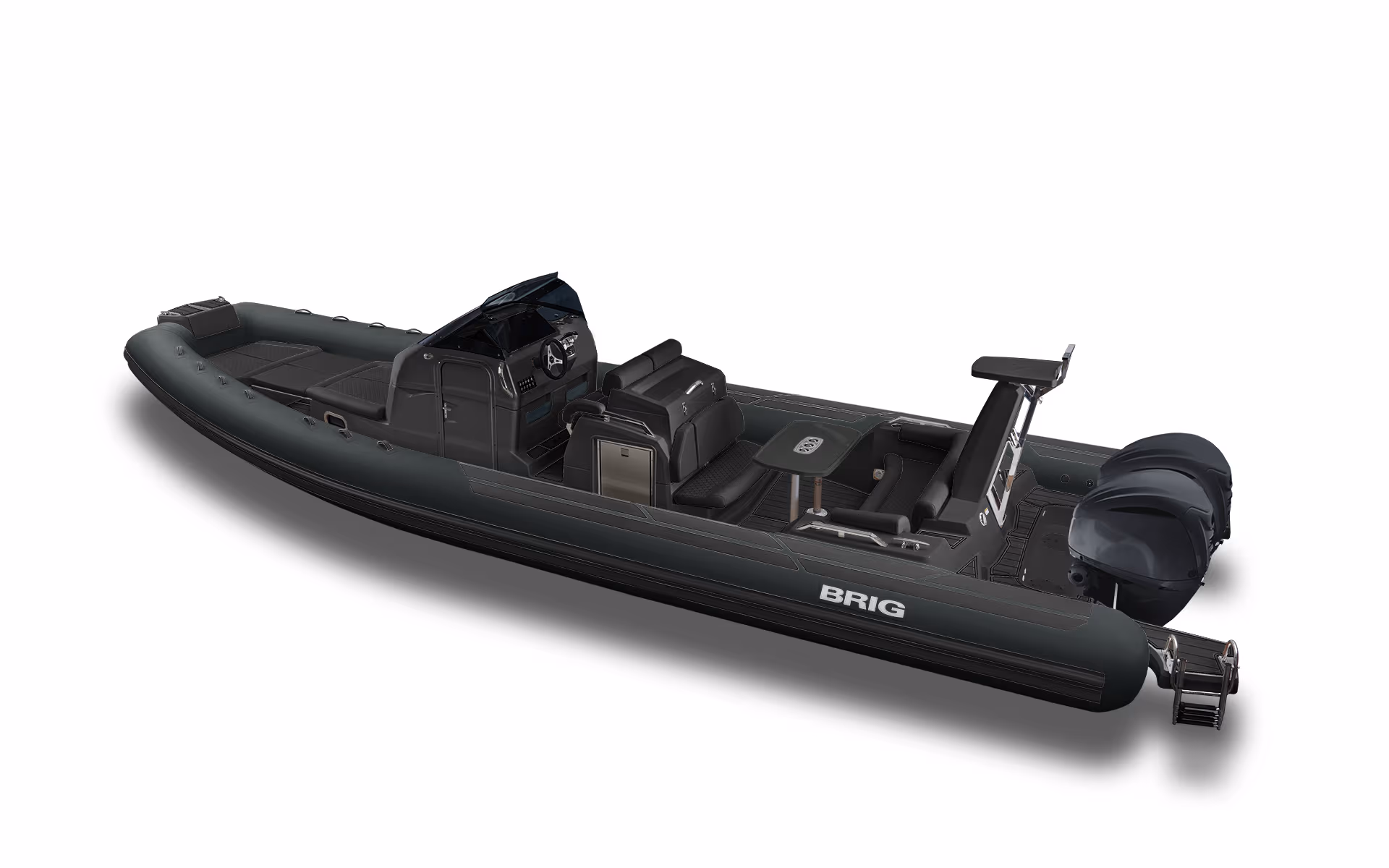 BRIG EAGLE 10 Gelcoatfärg: Black · Tubfärg: Black · SeaDek: Black · Dynor: Black · Ponton: Hypalontub · Motor: 2 x Mercury 300hk V8 Verado · Standardutrustning: Inbyggd tank