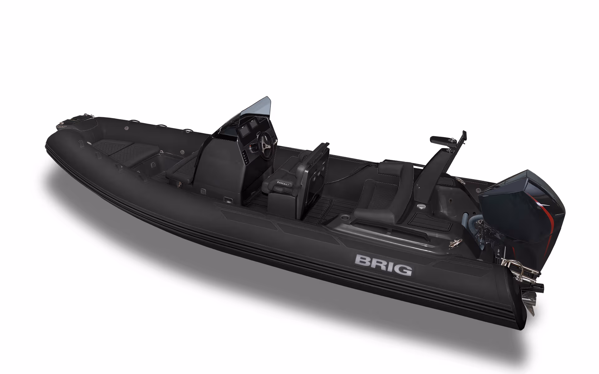 BRIG EAGLE 6.7 Gelcoatfärg: Black · Tubfärg: Black · SeaDek: Black · Dynor: Black · Ponton: Heavy-Duty tub · Motor: Mercury 150hk EFI · Standardutrustning: Inbyggd tank