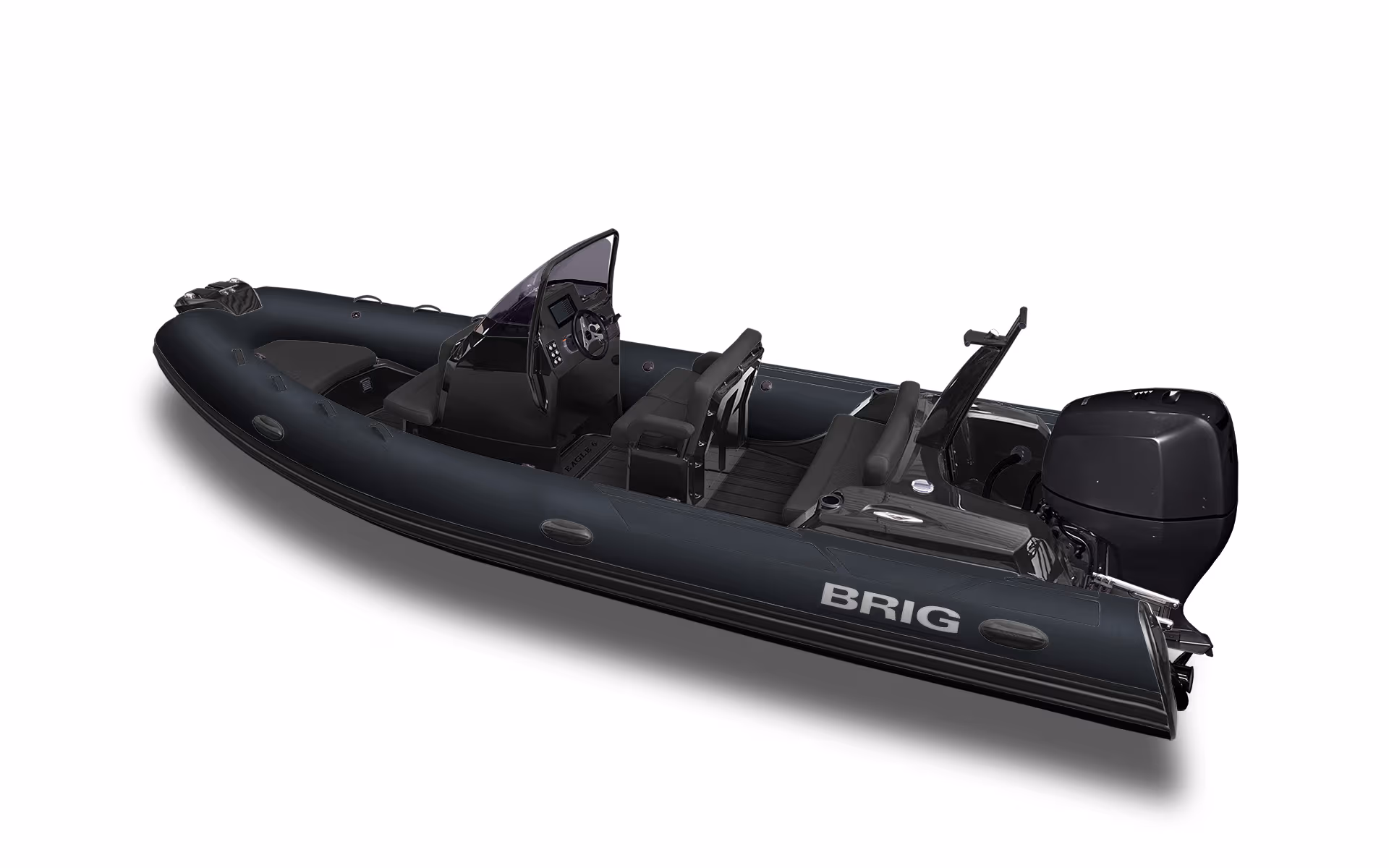 BRIG EAGLE 6 Gelcoatfärg: Black · Tubfärg: Black · SeaDek: Black · Dynor: Black · Ponton: Heavy-Duty tub · Motor: Mercury 100hk EFI · Standardutrustning: Inbyggd tank