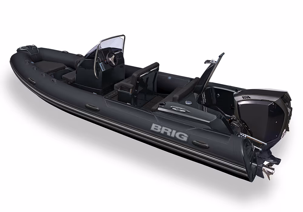 BRIG EAGLE 6 Gelcoatfärg: Black · Tubfärg: Black · SeaDek: Black · Dynor: Black · Ponton: Heavy-Duty tub · Motor: Mercury 100hk EFI · Standardutrustning: Inbyggd tank