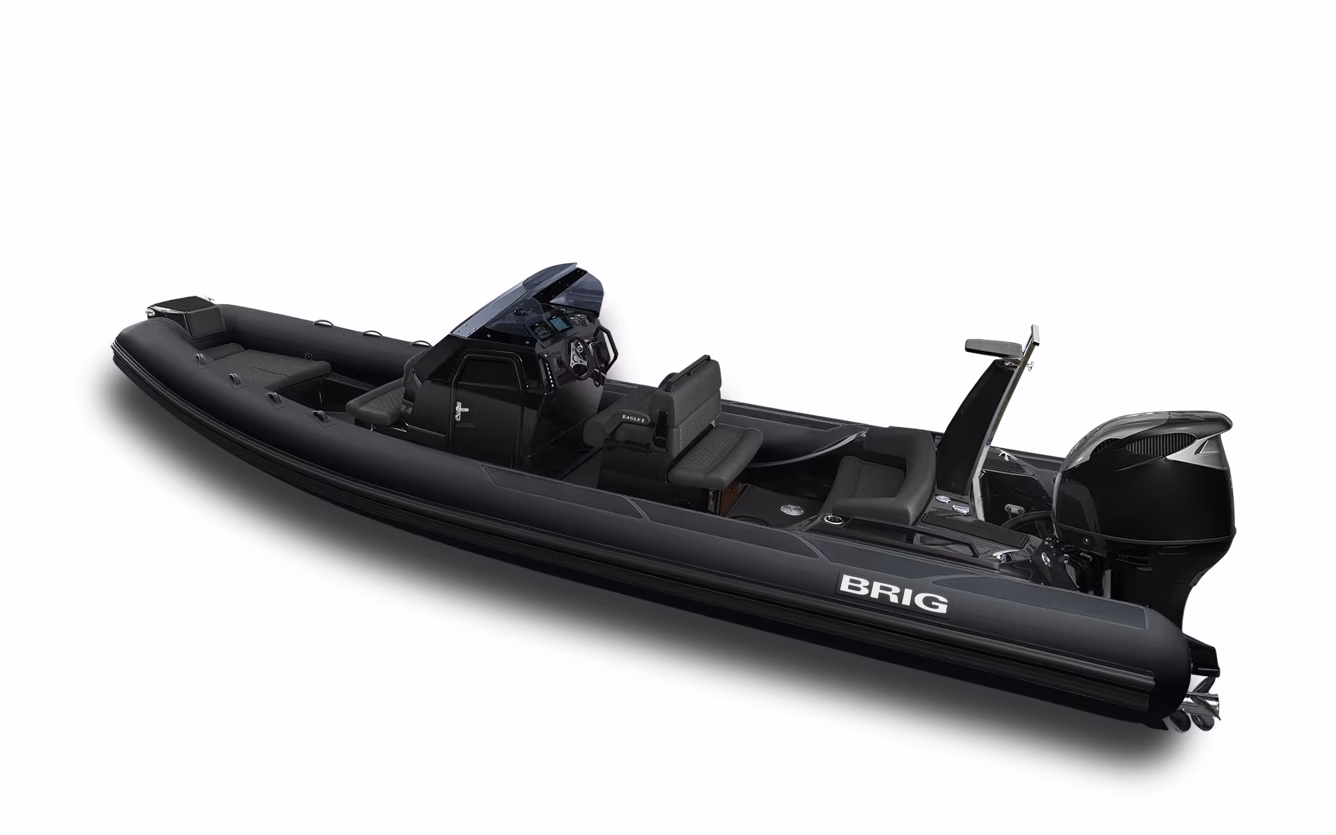 BRIG EAGLE 8 Gelcoatfärg: Black · Tubfärg: Black · SeaDek: Black · Dynor: Black · Motor: Mercury 250hk V8 Verado · Standardutrustning: Inbyggd tank