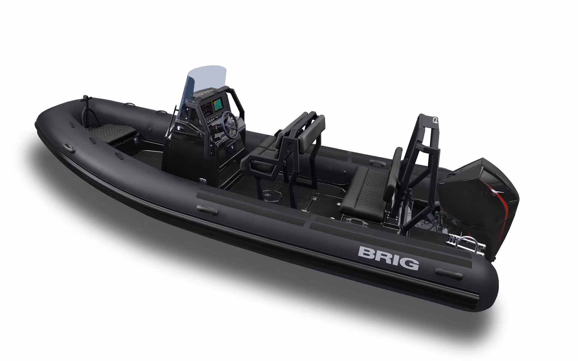 BRIG NAVIGATOR 19 Gelcoatfärg: Black · Tubfärg: Black · SeaDek: Black · Dynor: Black · Ponton: Heavy-Duty tub · Motor: Mercury 80 hk EFI · Standardutrustning: Inbyggd tank